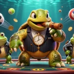 Engage in thrilling sports betting with tx88, featuring a cartoon turtle mobster amidst vibrant casino elements.