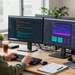 WPS Download in a dynamic tech workspace featuring a focused software developer coding on dual monitors.
