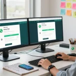 Engaged user utilizing WhatsApp網頁版 on dual monitors in a modern workspace.
