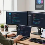 Developers coding on Telegram下载 app interface in a modern tech workspace.