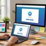 Downloading Telegram on a laptop in a bright home office setting with digital tools.