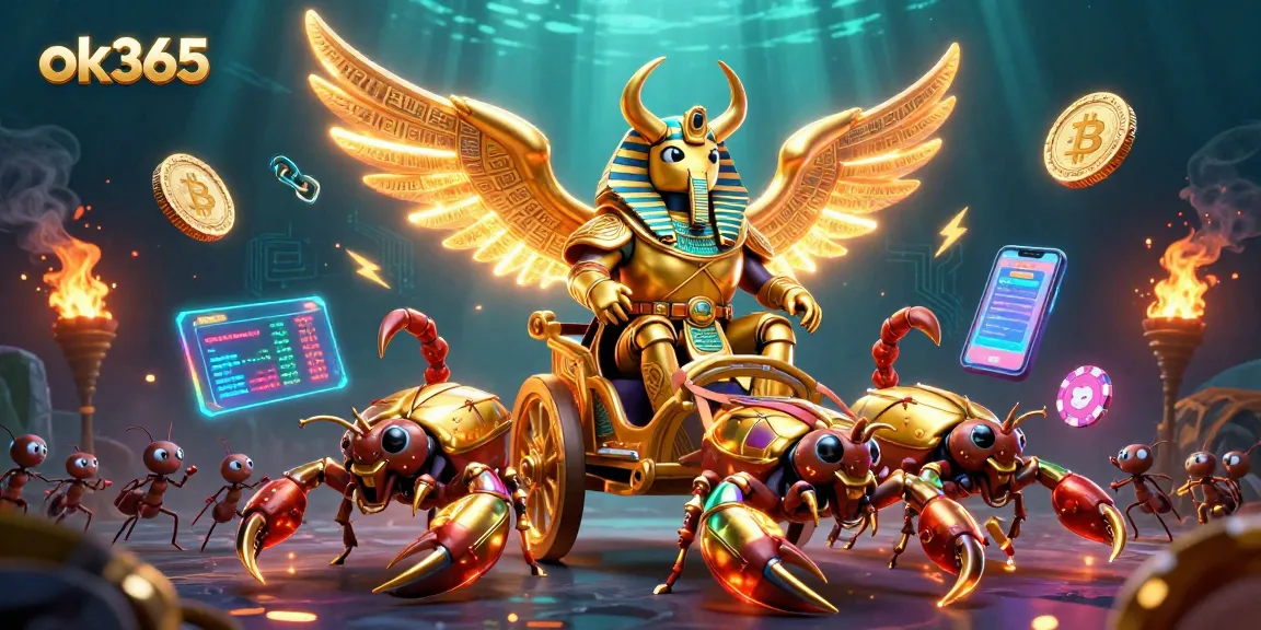 Engage with thrilling jackpots at ok365 featuring a golden beetle hero in a glimmering casino scene.