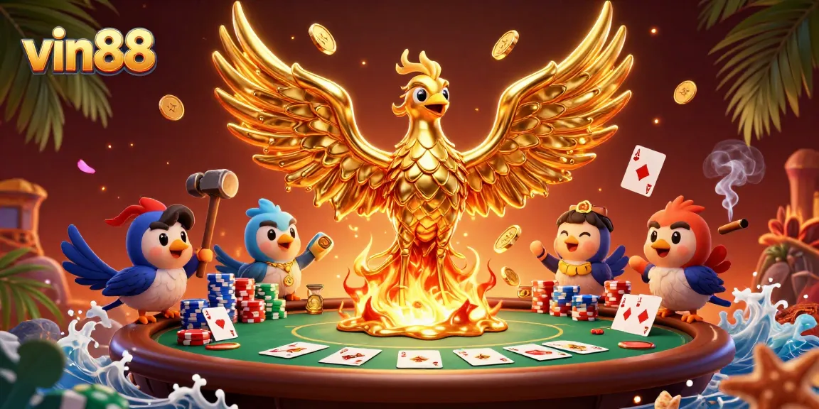 Experience thrilling wins at vin88 with a majestic golden phoenix and poker elements.