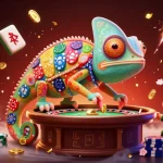 Play exciting games at nk88 with a vibrant chameleon casino owner surrounded by gaming elements.