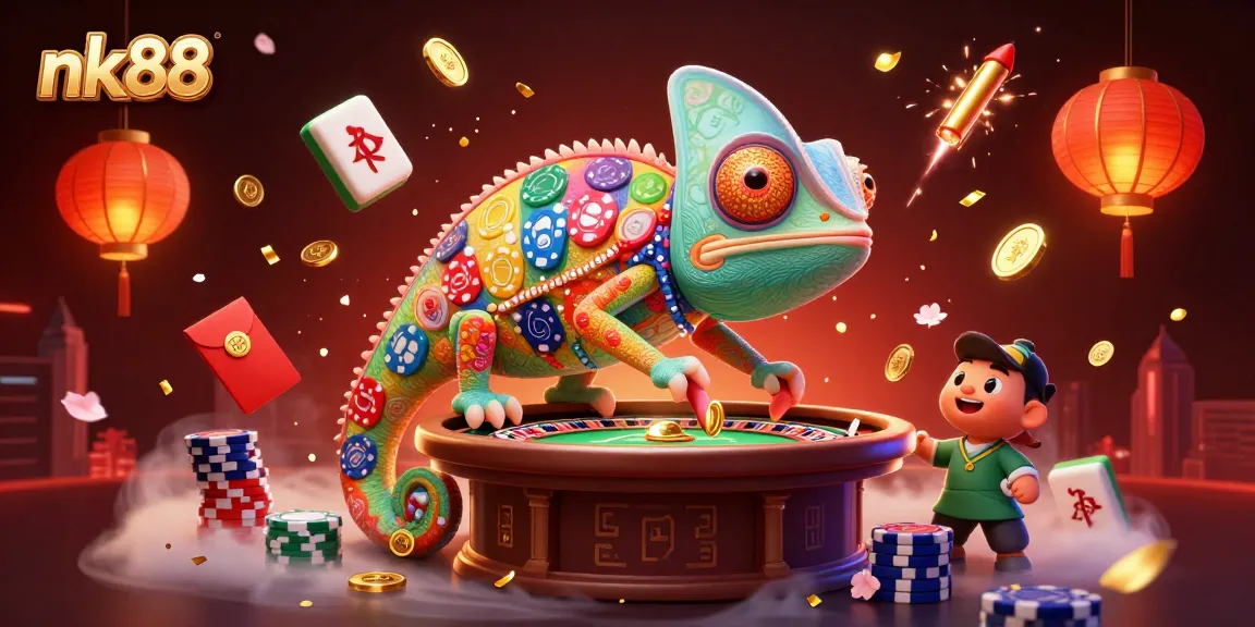 Play exciting games at nk88 with a vibrant chameleon casino owner surrounded by gaming elements.