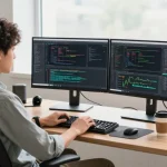 快连 coding setup showcasing a developer in a modern workspace with monitors and gadgets.