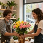 Flower shop Edmonton with a florist arranging colourful seasonal flowers in a rustic setting, inviting atmosphere.