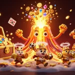 Experience thrilling wins at pub88 with a dazzling eruption of coins and treasure in this vibrant illustration.