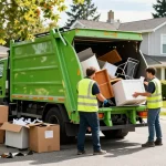 Vancouver Waste Removal crew loading old furniture into a truck in a residential neighborhood.
