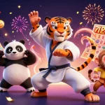 Immerse in the exciting world of slot terpercaya with a cartoon tiger master, colorful bouncing lottery balls, and money rain effects.