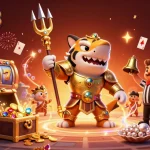 Experience the excitement of gambling at da888 with a vibrant casino-themed underwater scene featuring a shark gladiator.