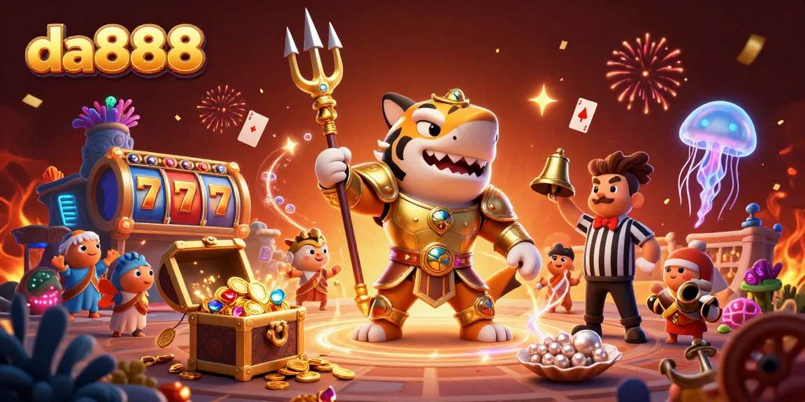 Experience the excitement of gambling at da888 with a vibrant casino-themed underwater scene featuring a shark gladiator.