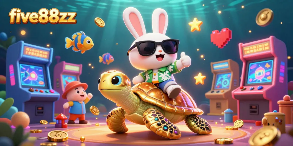 Experience excitement with five88zz, a vibrant gambling scene featuring a lucky rabbit and golden turtle.