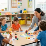 Executive functioning support autism Burlington in a vibrant classroom with happy children engaged in learning activities