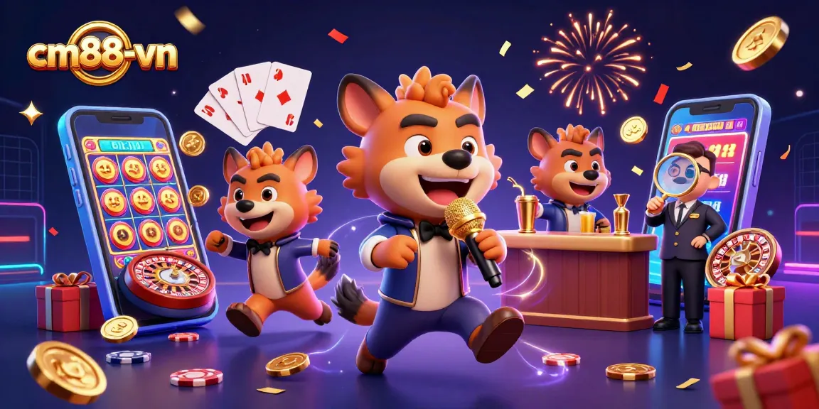 Experience excitement at cm88-vn with a vibrant casino scene featuring hyenas enjoying slots and drinks.