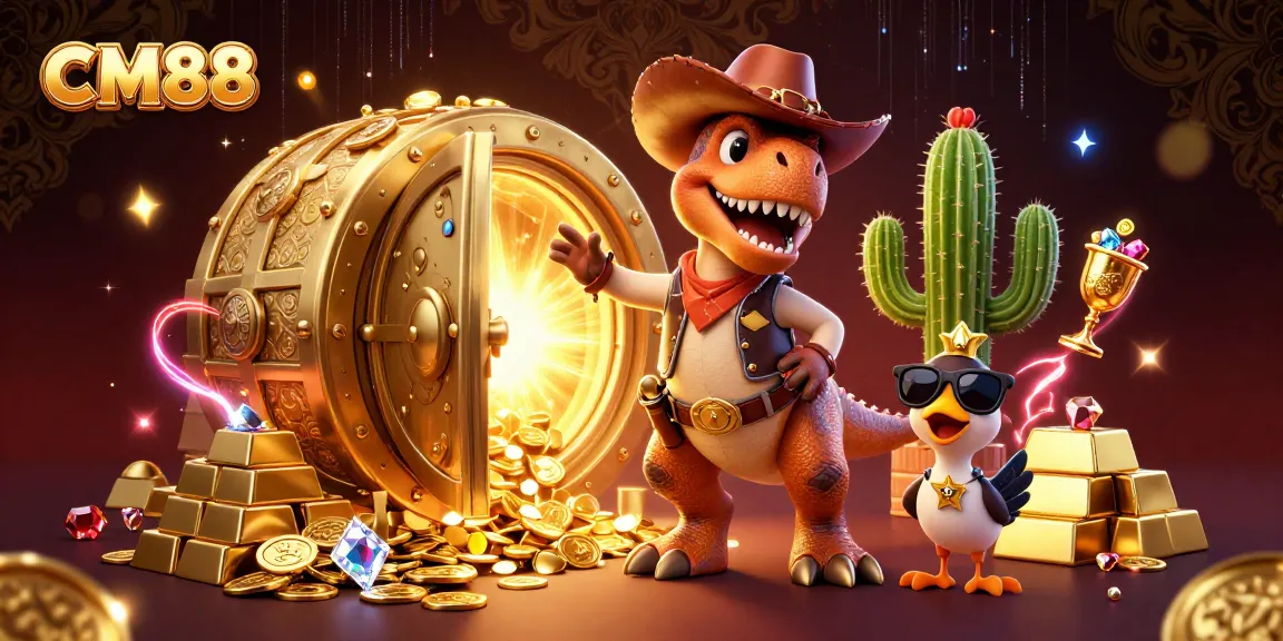Experience exhilarating wins with CM88 as a T-Rex cowboy and friends claim treasures in a dynamic casino scene.
