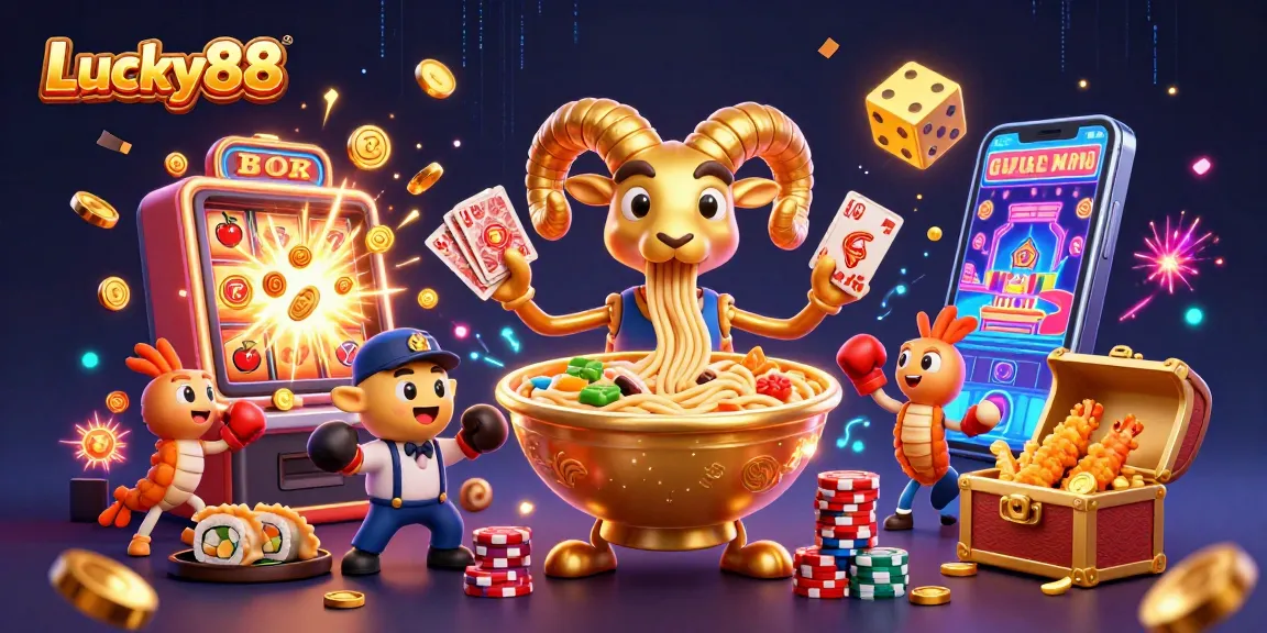 Experience Lucky88's vibrant casino ambiance with dynamic gaming elements and charming characters.