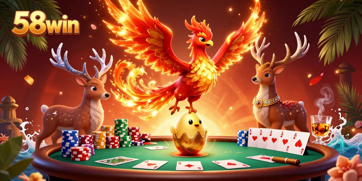 Experience thrilling action at 58win with a vibrant 3D casino illustration featuring unique characters and game elements.