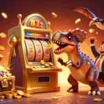 Experience Vua88's thrilling jackpot scene with a cartoon dinosaur winning at the casino.