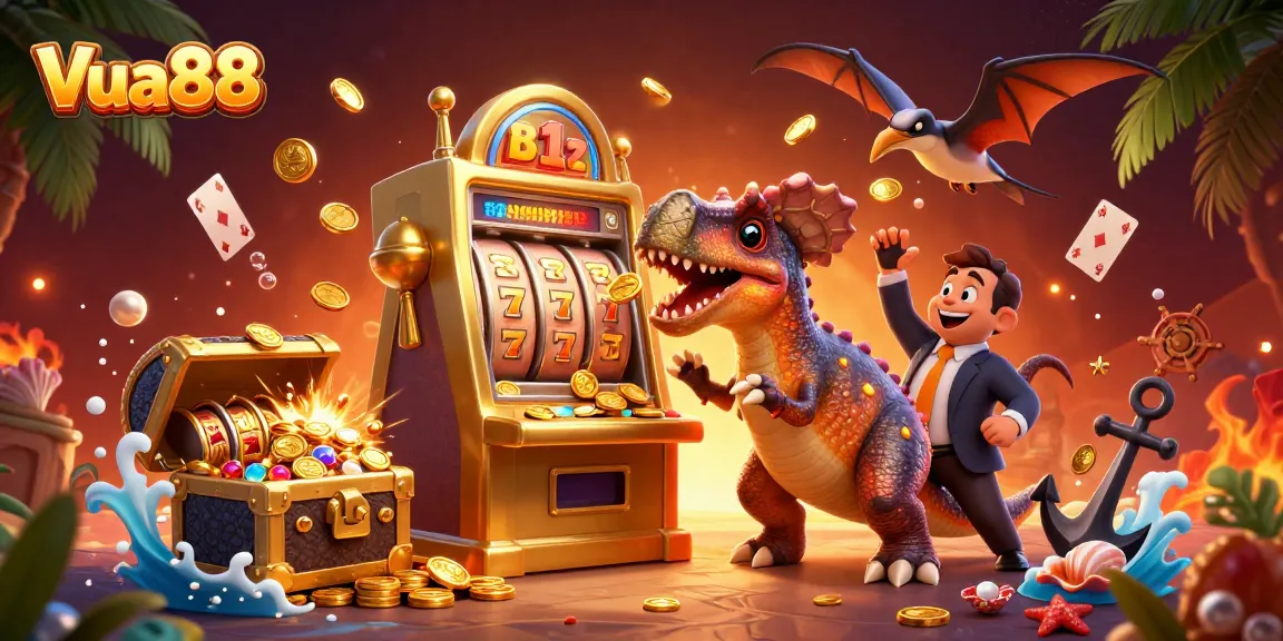 Experience Vua88's thrilling jackpot scene with a cartoon dinosaur winning at the casino.