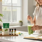 Ministry of Cannabis CBD oil and hemp extract in an inspiring morning wellness routine with smoothie and plants.