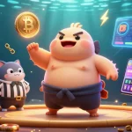 Experience exciting underwater gambling with EE88 com, featuring a fugu sumo wrestler and cryptocurrency elements in vibrant illustration.