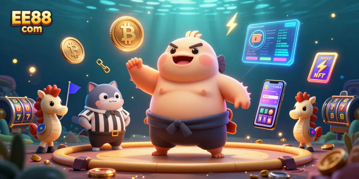 Experience exciting underwater gambling with EE88 com, featuring a fugu sumo wrestler and cryptocurrency elements in vibrant illustration.