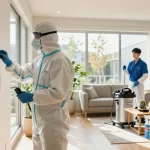 Mold Remediation Vancouver experts inspecting wall and using HEPA filtration equipment in a modern home.