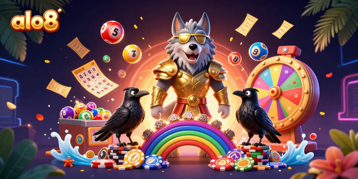 Play exciting games at alo8 with a colorful illustration of Odin and casino elements infused with winning energy.