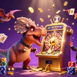 Taruhan toto macau dengan kepala pachycephalosaurus dan mesin slot emas menghasilkan koin jackpot.