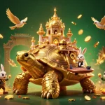 Engage in exciting play at Jun88 with a vibrant 3D casino scene featuring a golden tortoise and winning rabbits.