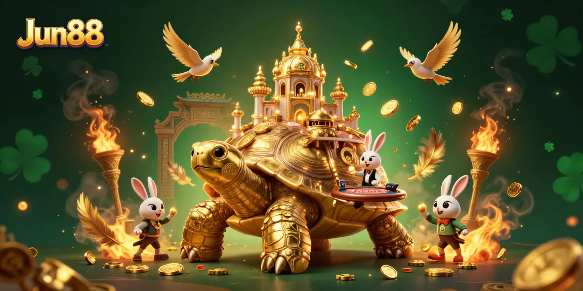 Engage in exciting play at Jun88 with a vibrant 3D casino scene featuring a golden tortoise and winning rabbits.
