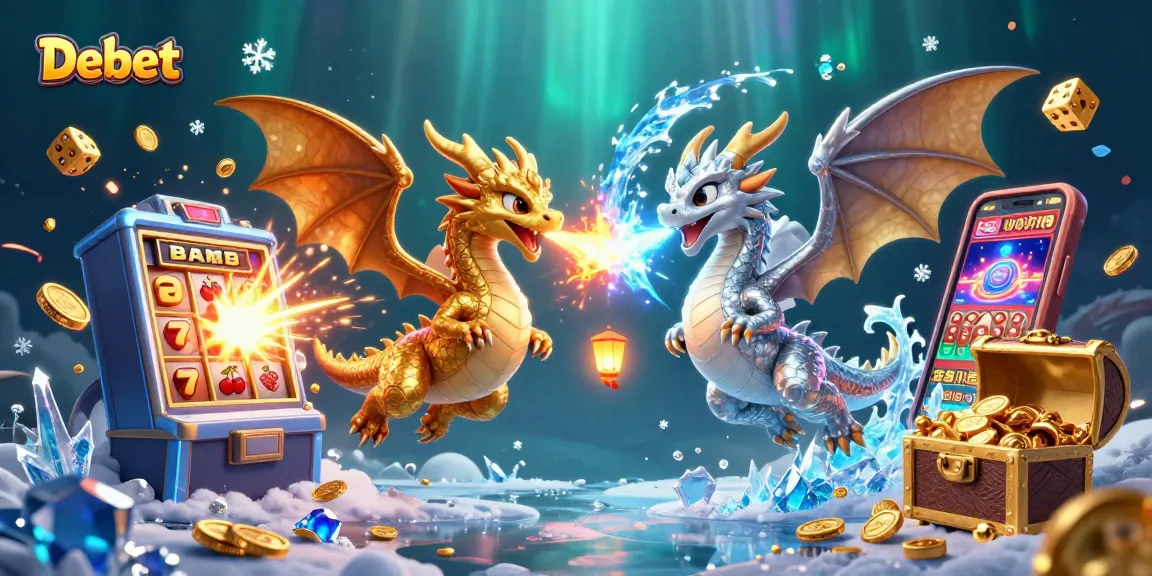 Experience thrilling wins with Debet at a vibrant online casino, featuring colorful dragons and jackpot symbols.