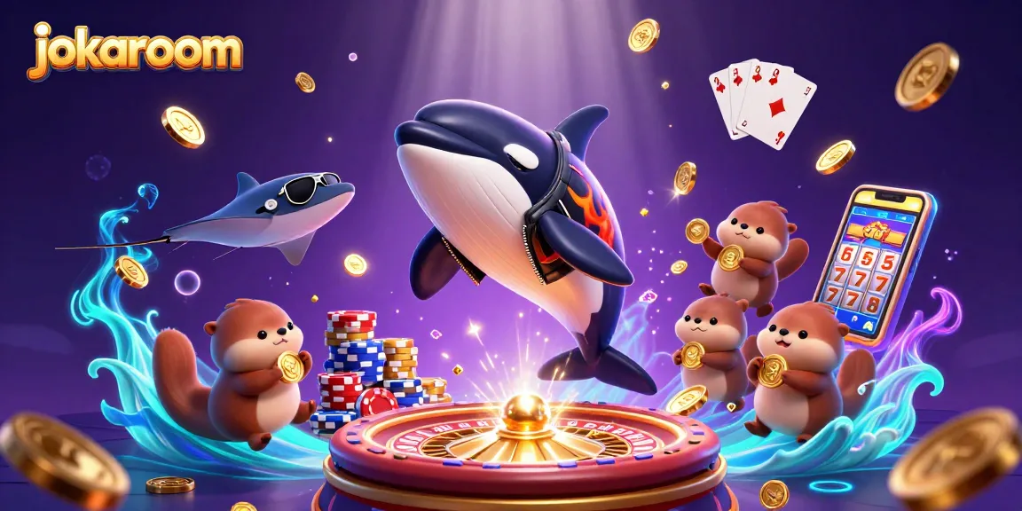Experience excitement at jokaroom with a vibrant casino scene featuring playful characters and dynamic gaming elements.
