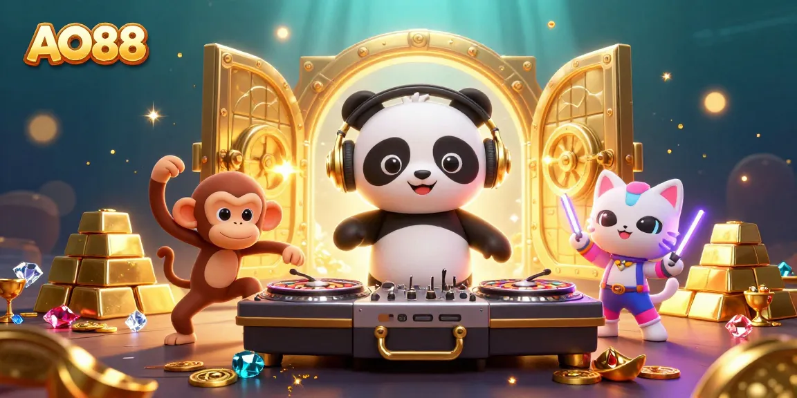Experience thrilling casino fun with AO88 through its engaging characters and wealth elements in a vibrant scene.