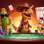 No deposit bonuses Australia casino illustrated scene with a dinosaur, cactus, and roadrunner at a poker table.