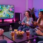 Friends enjoying a multiplayer game on iwin with snacks and drinks.