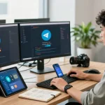 Developer focused on Telegram Download in a modern workspace with tech gadgets and coding screens.
