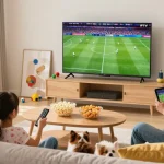 Family enjoying IPTV streaming in a cozy living room with 4K TV.