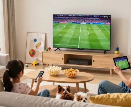 Family enjoying IPTV streaming in a cozy living room with 4K TV.