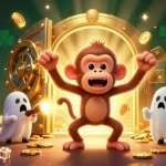 Cổng game Sunwin engages players in a vibrant haunted casino scene with a mischievous monkey and a curious puppy.