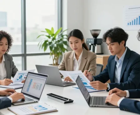 Collaborative team discussing accounting services for small business in modern office
