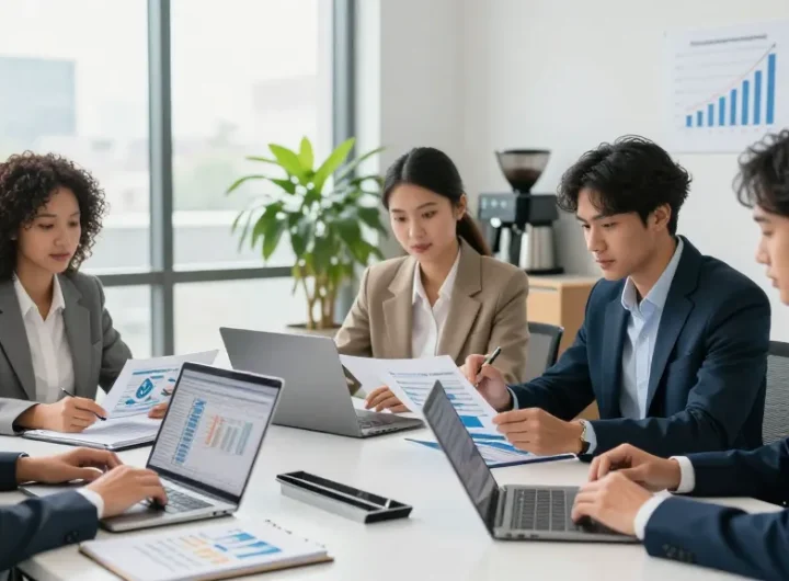 Collaborative team discussing accounting services for small business in modern office