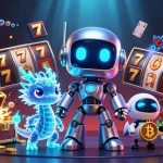 Experience thrilling slots action with c168's colorful robots and gold treasures in this dynamic casino scene.