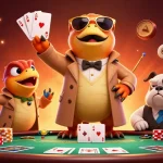 Sunwin enthusiasts engage in a lively poker scene with cartoon raptors at a casino lounge.