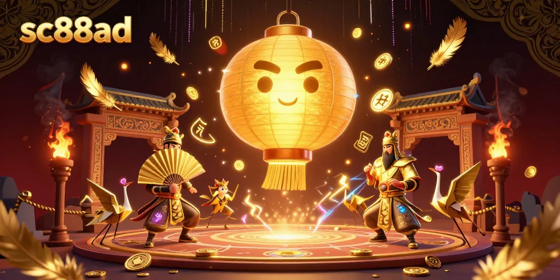 Experience the vibrant scene of sc88ad with a golden lantern spirit and gaming elements, showcasing dynamic casino excitement.