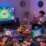 Players enjoying Rikvip online gaming during a vibrant session with exciting games and colorful decorations.