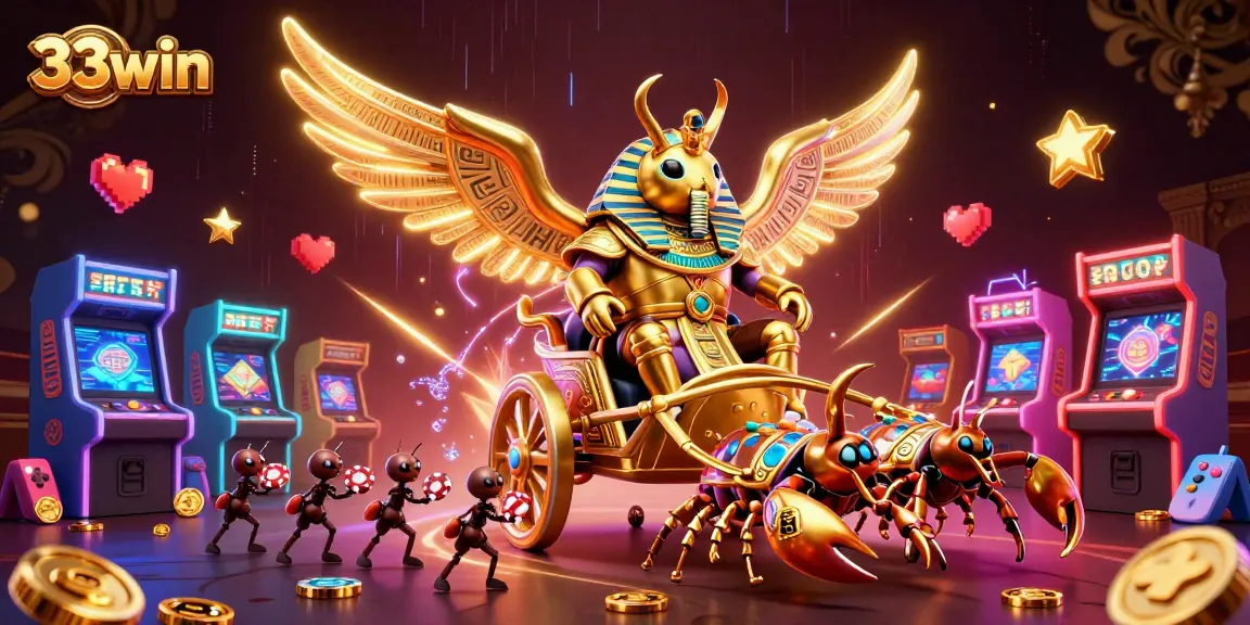 33win players enjoy thrilling wins in a packed casino scene with vibrant characters and gaming elements.