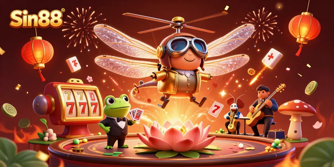Sin88 captivates players with vibrant scenes of casino excitement featuring a frog dealer, dragonfly pilot, and animated slot reels.