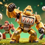 Experience winning moments with luck8a in this vibrant 3D casino scene featuring a golden gorilla mech.